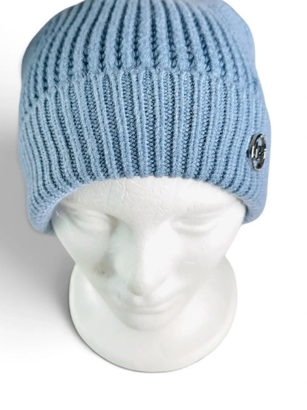 Michael Kors Blue Ribbed Knit Slouchy Beanie Silver MK Logo NWOT